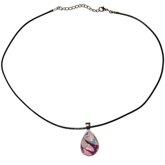 Handmade Acrylic Skin Pendant Necklace Teardrop Pink Purple Blue Silver Black - Picture 2 of 4